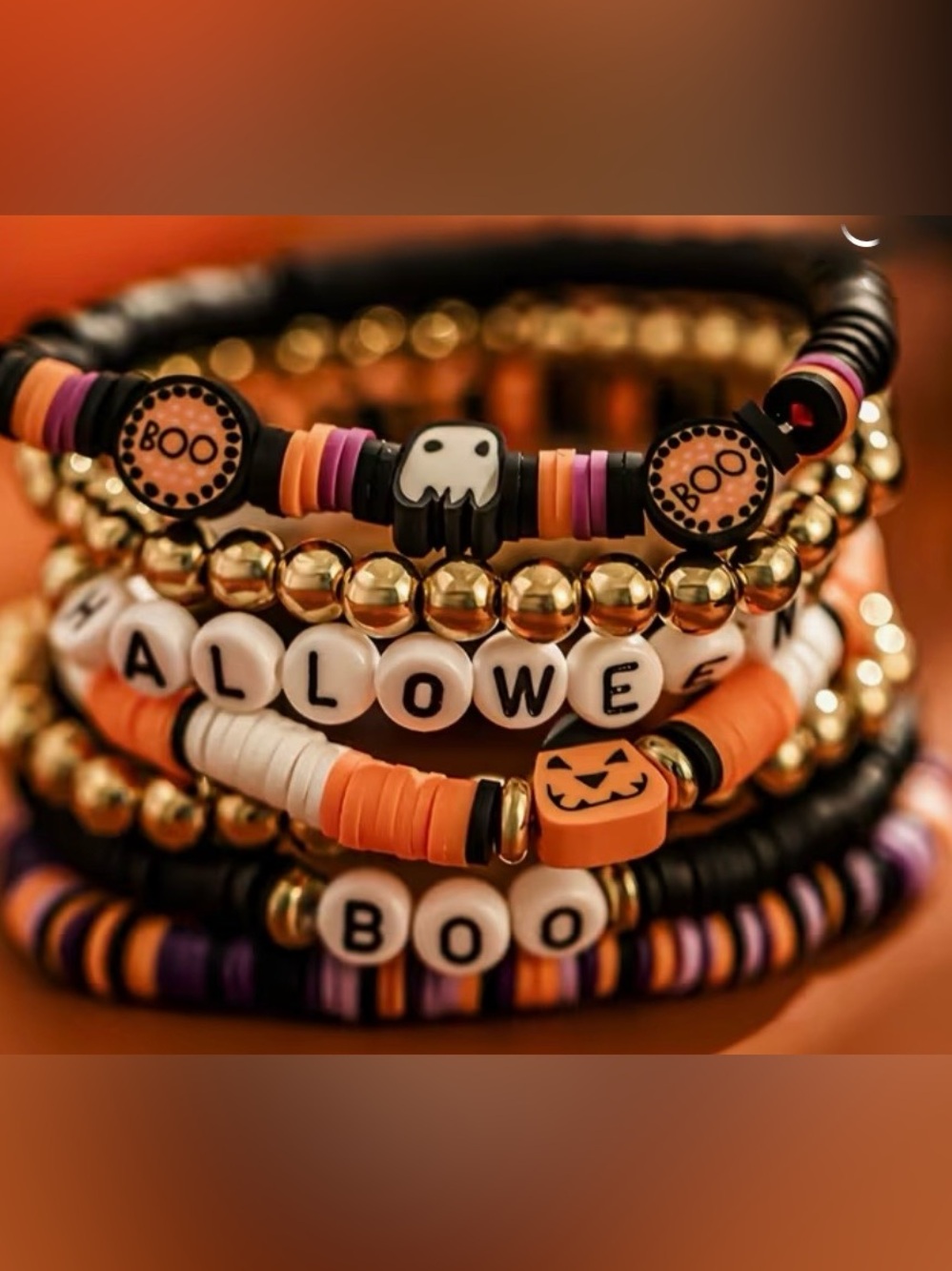 Halloween Beaded Bracelet Set - Orange Black White Friendship